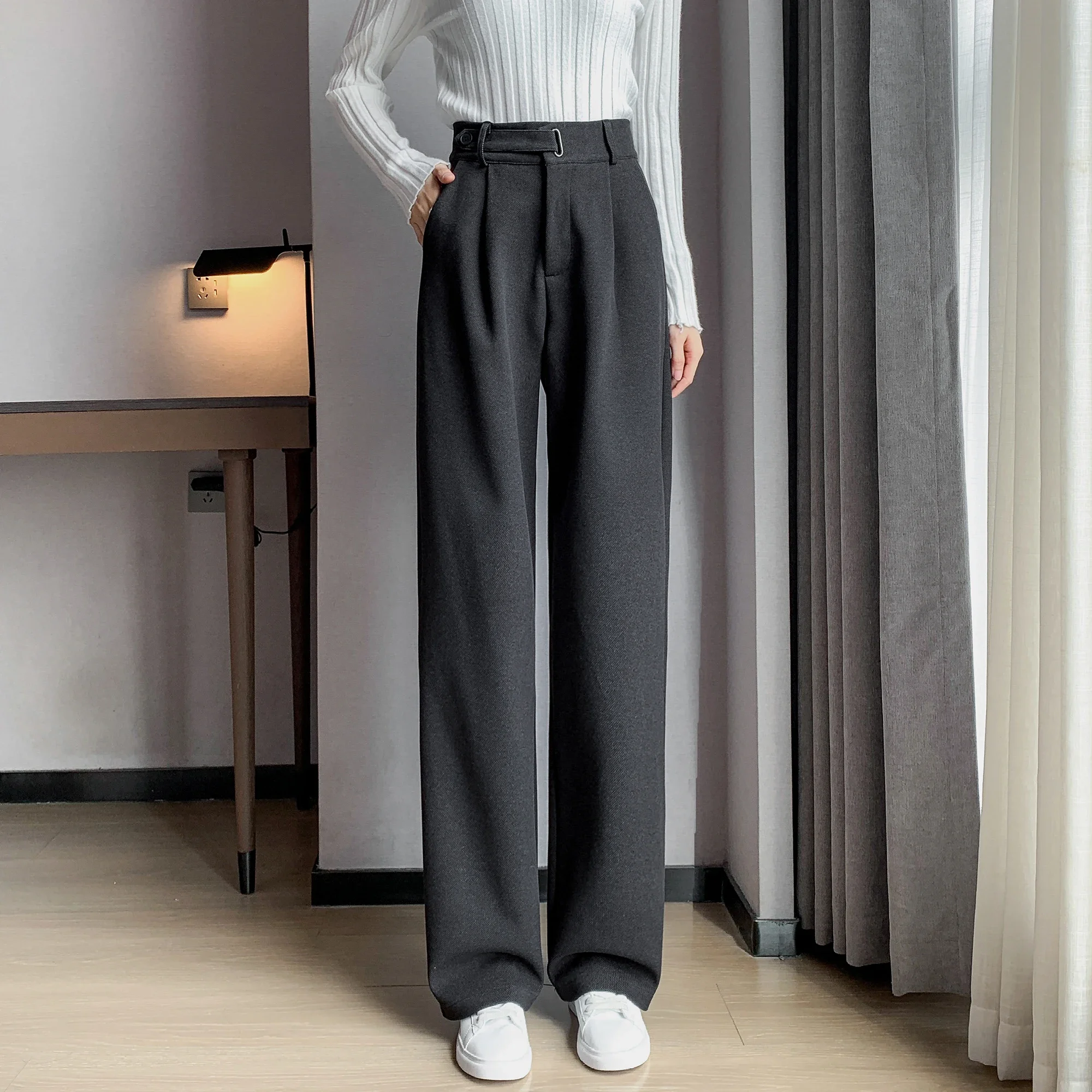 Autumn Winter Woolen Women's Wide Leg Pants High Waist Solid Elegant Korean Button Casual Loose Trousers Female 2024 New