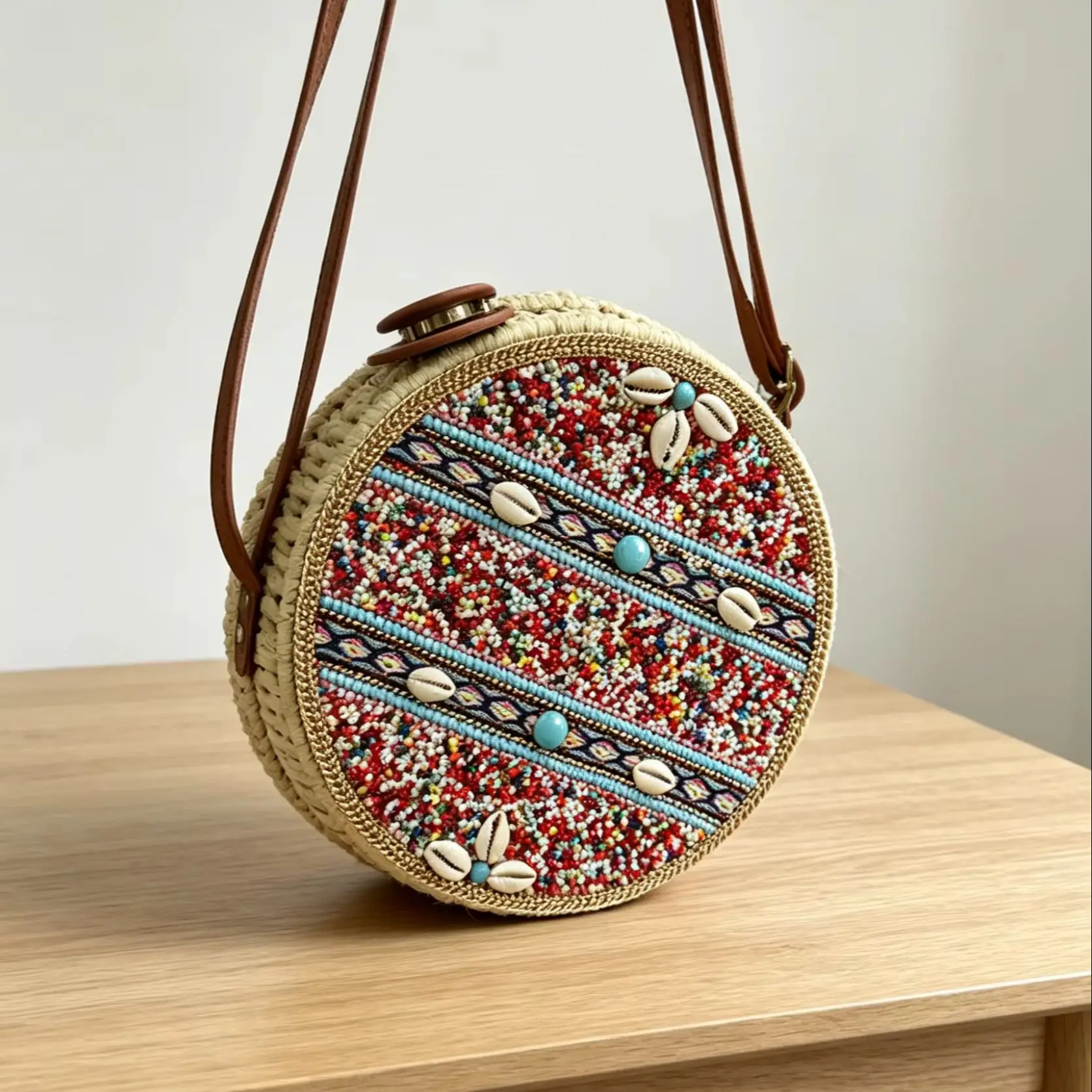 Bohemian style brown leather shoulder strap Handmade collectible model Must-have for forest beach vacation