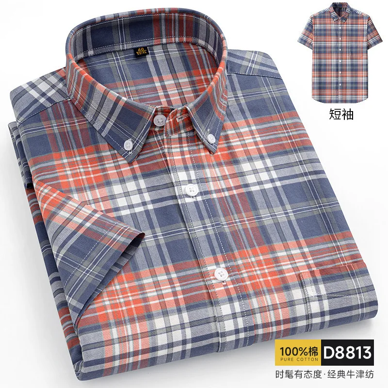 11XL passt 160KG100 Baumwolle Kurzarmhemd für Herren Hemd Kurzarm Plus Size Oxford Plaid Stripe Herrenhemden groß und groß