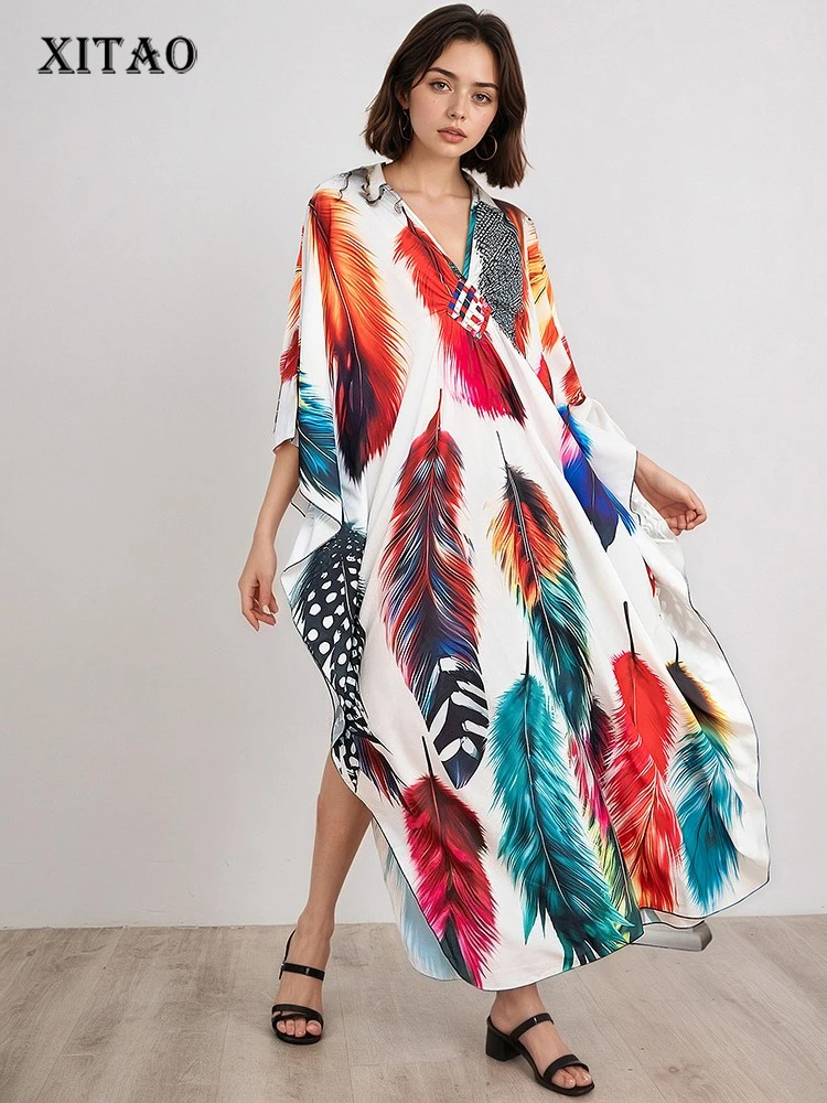 XITAO contraste couleur impression dessin animé femmes robe plage mince confortable manches chauve-souris col en v pull mode tenue décontractée GJ1207