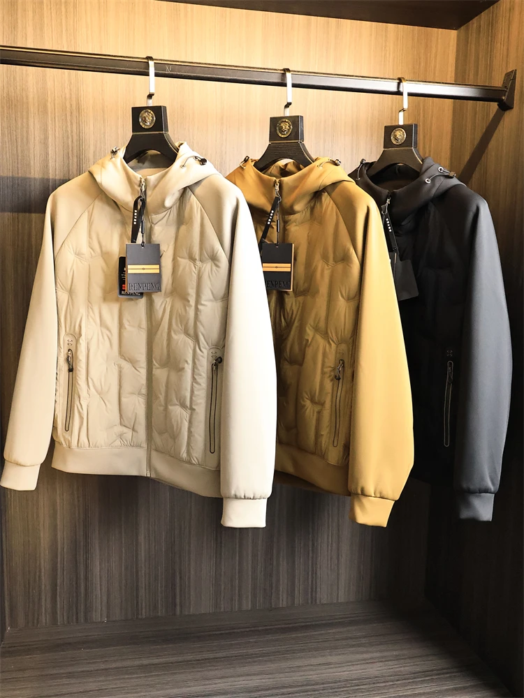 Men's Faionable Warm Hooded down Jaet Pure Color Patchwork Autumn Winter Polyester Fiber Windproof 3D Design Du down Fi...