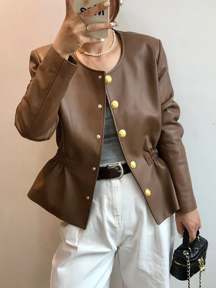 Round Neck PU Leather Jacket For Women Elastic Waist Design Single Breasted Leather Coat Autumn Winter Fashion Style Large Size