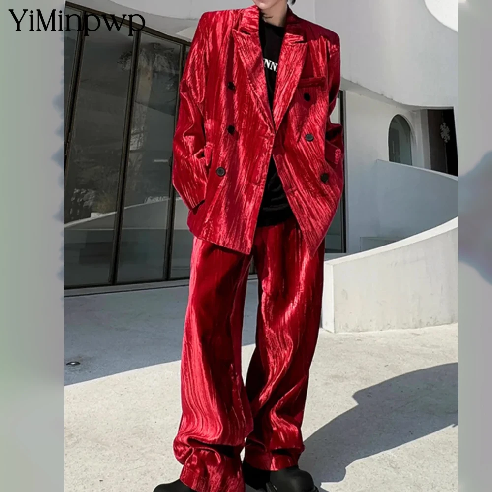 

Red Mens Loose Fit Velvet Suit Set Double Breasted Blazer Jacket Pants Two Piece Set Spring Banquet Party Suits Matching XS-5XL