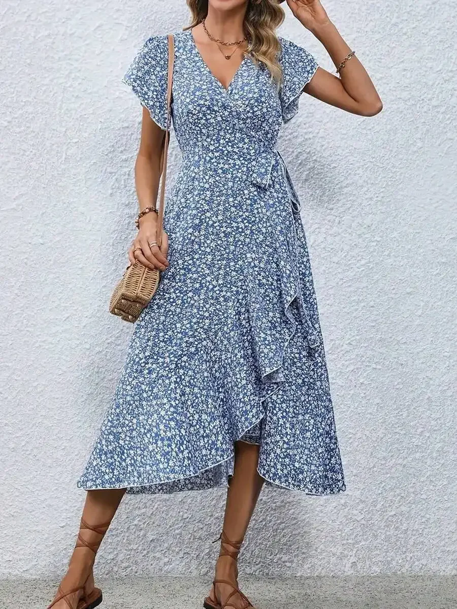 Womens Blue Floral Print Wrap Dress, V-Neck Ruffle Short Sleeve Tie Waist Midi A-Line Skirt for Summer Vacation and Wedding