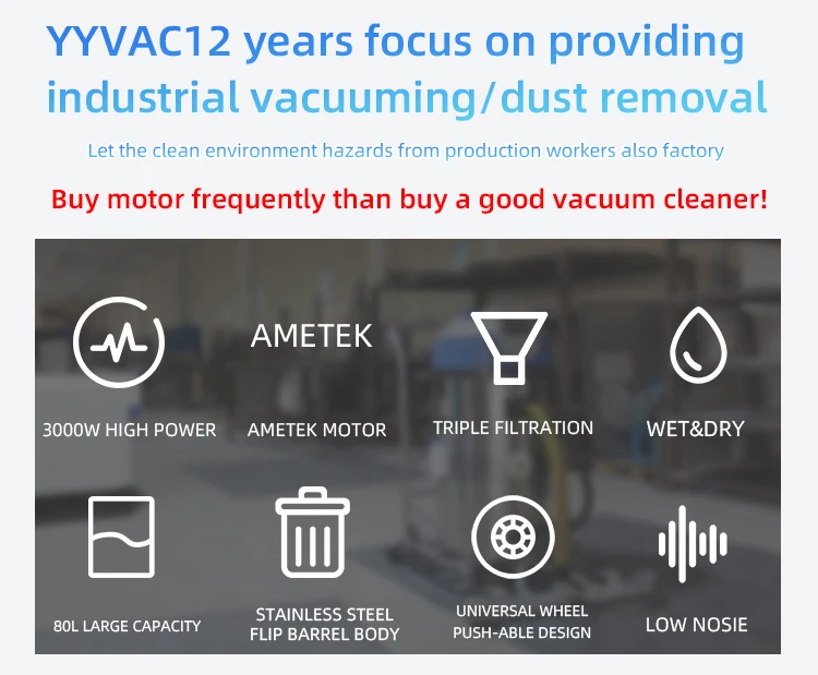 YYVAC 80L 습식 및 건식 진공청소기 (조선소용) - 고무 바퀴, 8M 긴 코드, 바닥 연마용 산업 등급