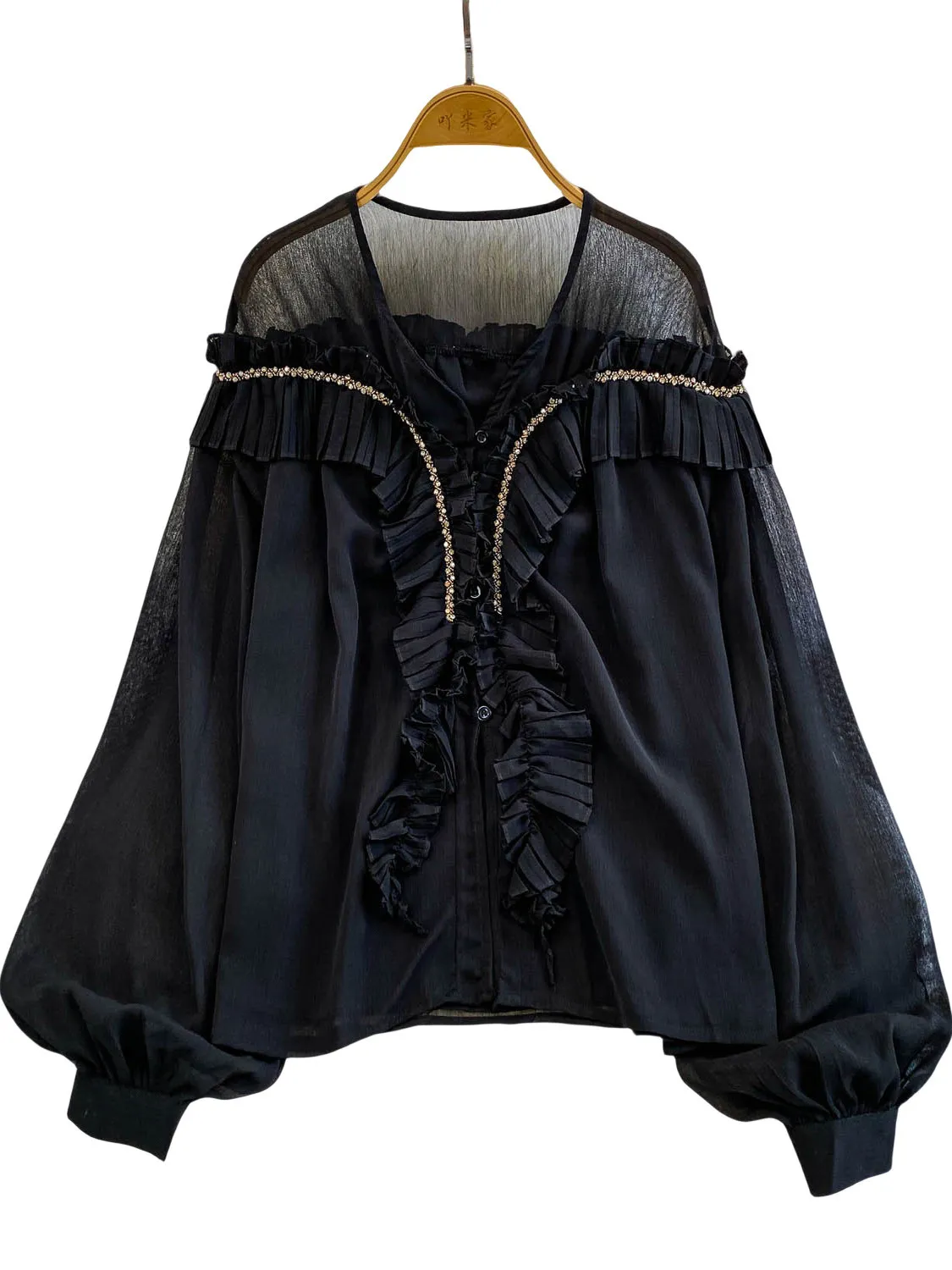 Franse Sle V-Ne Splice Kant Zwaar Verfraaid Losse Chiffon irt Vrouwen Herfst Jeugdige Losse Top Ele Quali