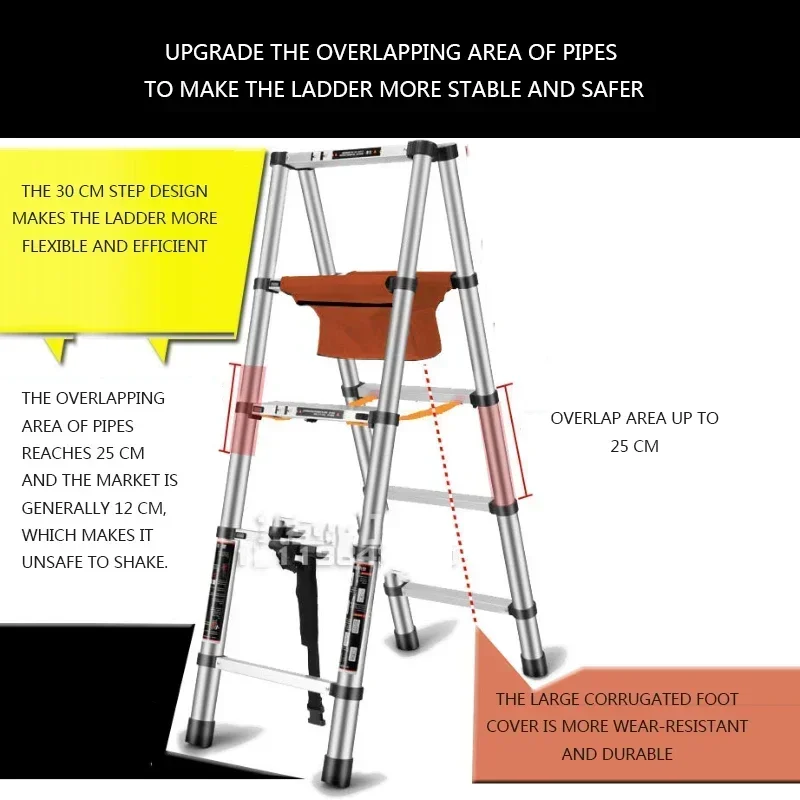 New 1.4M+1.4M Thickened Aluminum Alloy Telescopic Ladder Lightweight 5-step Ladder Herringbone Portable Folding Engineering Ladd