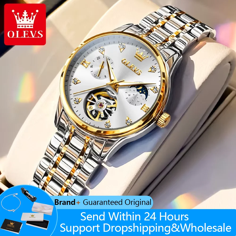 OLEVS 6608 ساعة نسائية مجوفة مقاومة للماء ساعة ميكانيكية للنساء مرحلة القمر حزام من الفولاذ المقاوم للصدأ ساعة يد فاخرة للسيدات