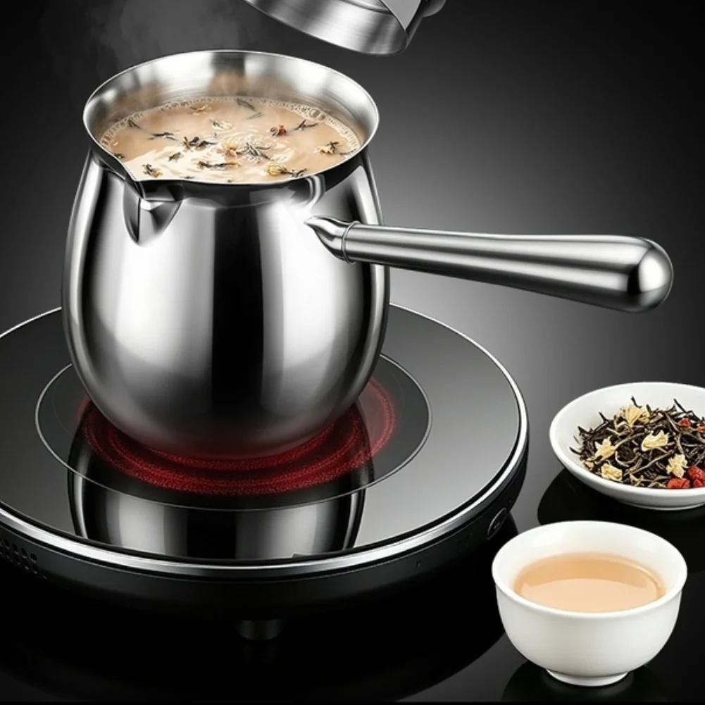 Built-in Fine Mesh Strainer Lid Stainless Steel Milk Pot with Cool-Touch Handle and Controlled Flow Gooseneck Spout Design