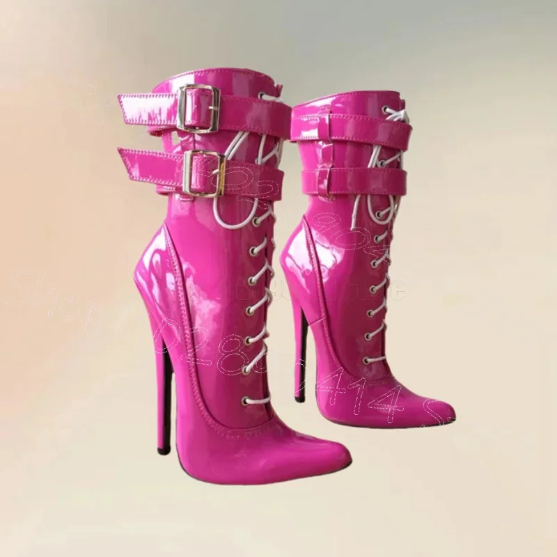 Rose Red Cross Tied Pointy Toe Buckle Ankle Boots Buckle Strap Women Shoes Thin High Heels Party Dating 2026 Zapatos Para Mujere