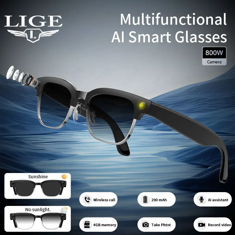

AI Smart Glasses 8 Million Pixels Recording Videos Photo Recognition Answer Translation 290mAh IP66 Waterproof Bluetooth Glasses