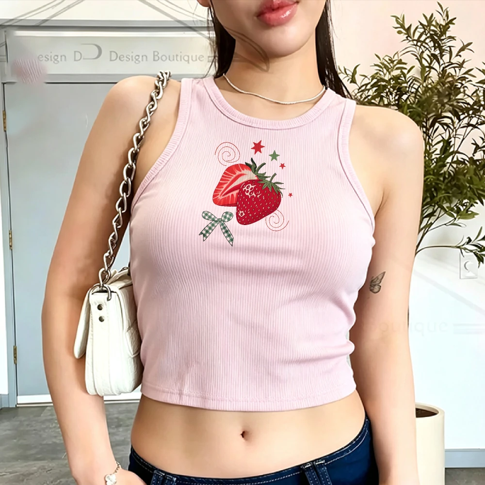 Camiseta Corta con Estampado de Fresa, Estrella y Lazo, Estilo Y2K, Ajustada, de Canalé, sin Mangas, para Mujer