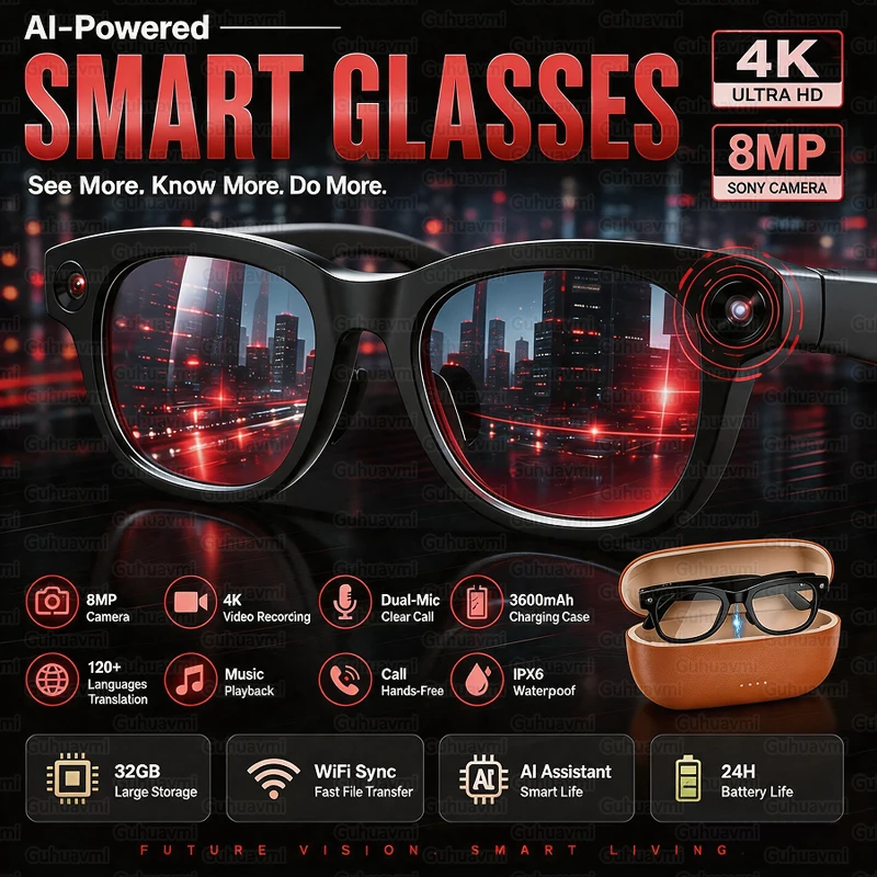 

AI Smart Glasses 4KHD Camera 3600mAh Charging Case 120+Language Translation Bluetooth Call Music Sunglasses Outdoor Color Change