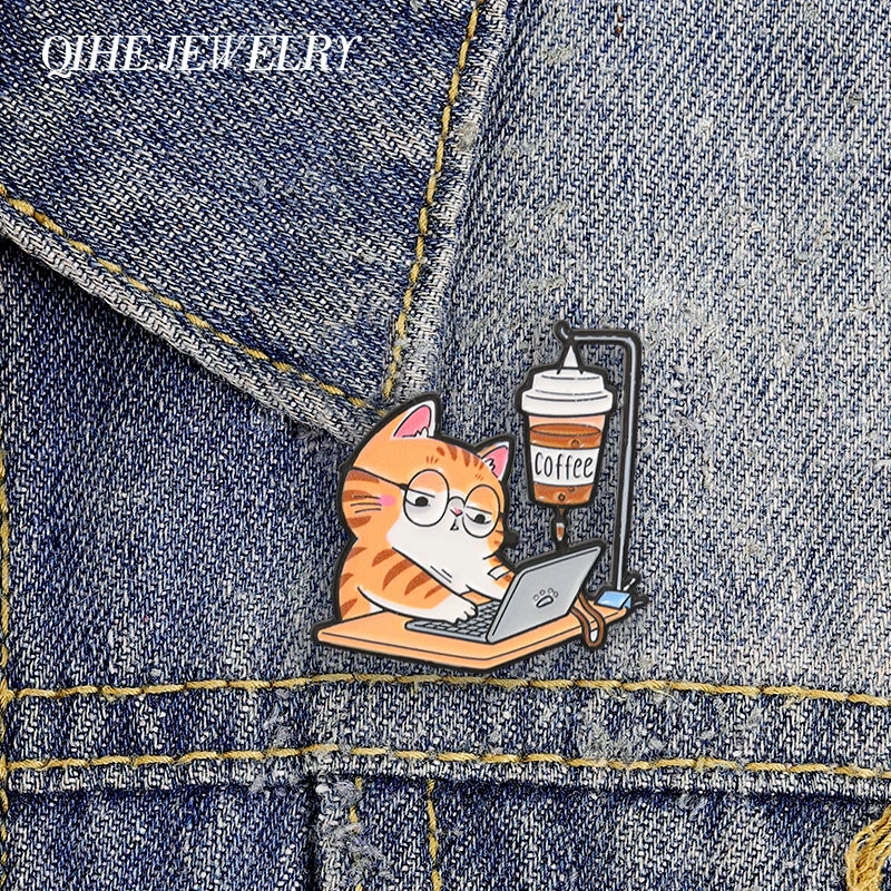 Cartoon Coffee IV Cat Enamel Pins Humor Office Cat & Coffee Drip Bag Design Brooches Lapel Badge Jewelry Gift for Office Workers