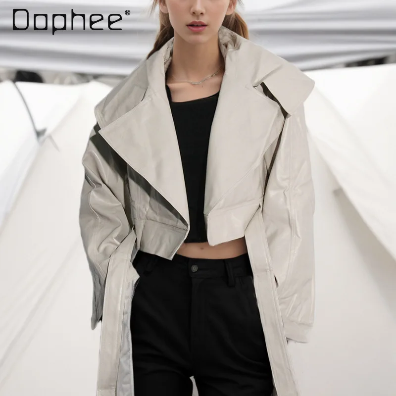 

Elegant Lady Lapel Bow Tie PU Cropped Jacket Fashion Women's Long Sleeve Leather Coat Jaqueta Feminina Inverno 2024 Spring New