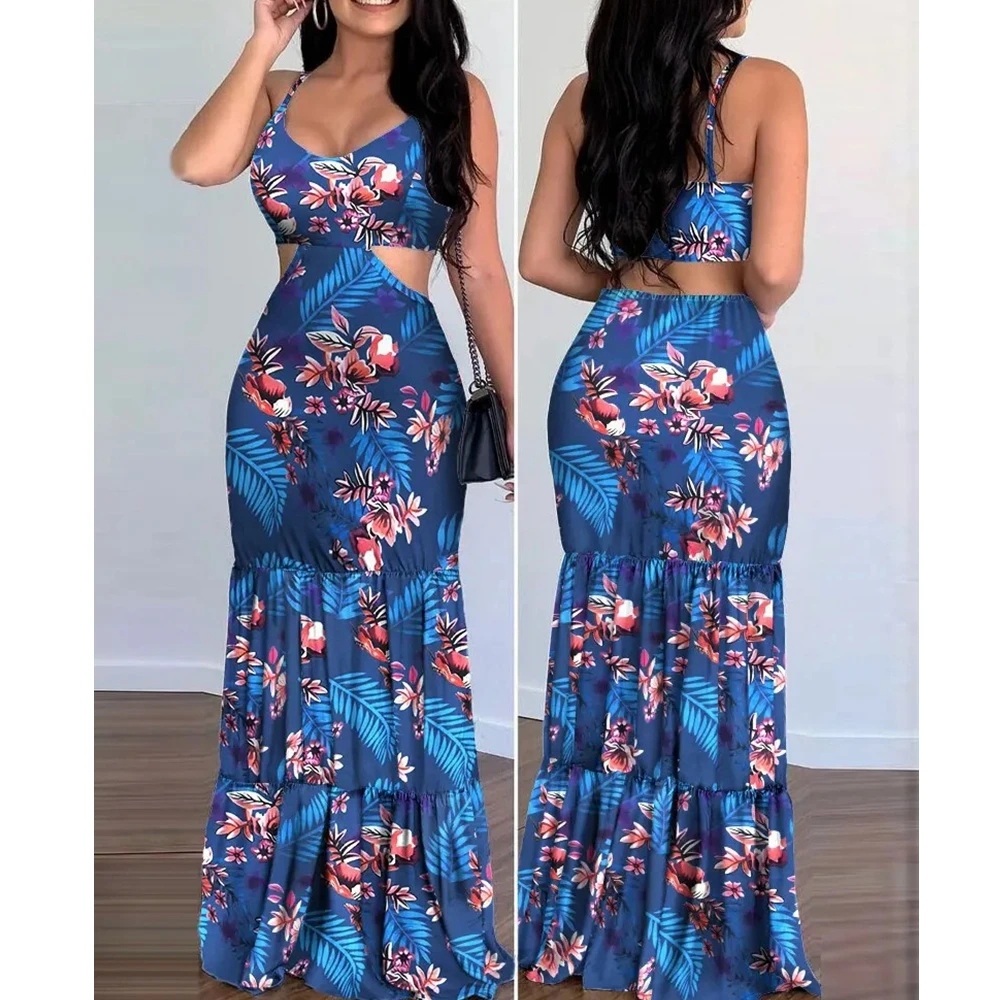 Sukienka w kwiaty, codzienna, damska, dekolt w serek, ołówkowa, bez rękawów, dopasowana, długa sukienka, na ramiączkach spaghetti, letnia, topy typu camisole, sukienka maxi.