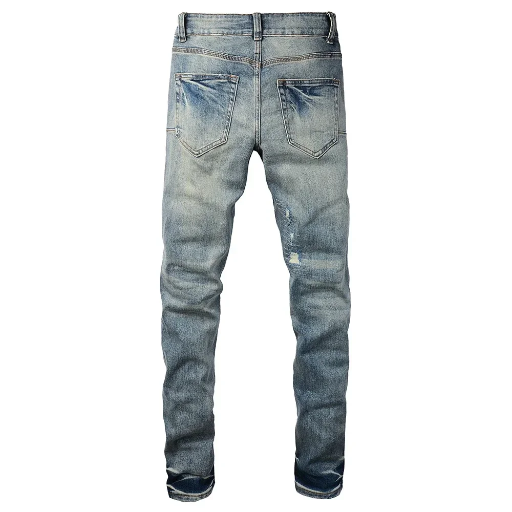Men Ripped Distressed Skinny Jeans High Stretch Cotton Tapered Denim Pants