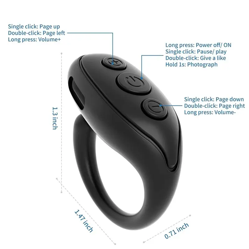 B76B Bluetooth Remote Control Page Turner, Cell Phone Camera Shutter Selfie Remote, Smart Ring Remote for IPad -Black