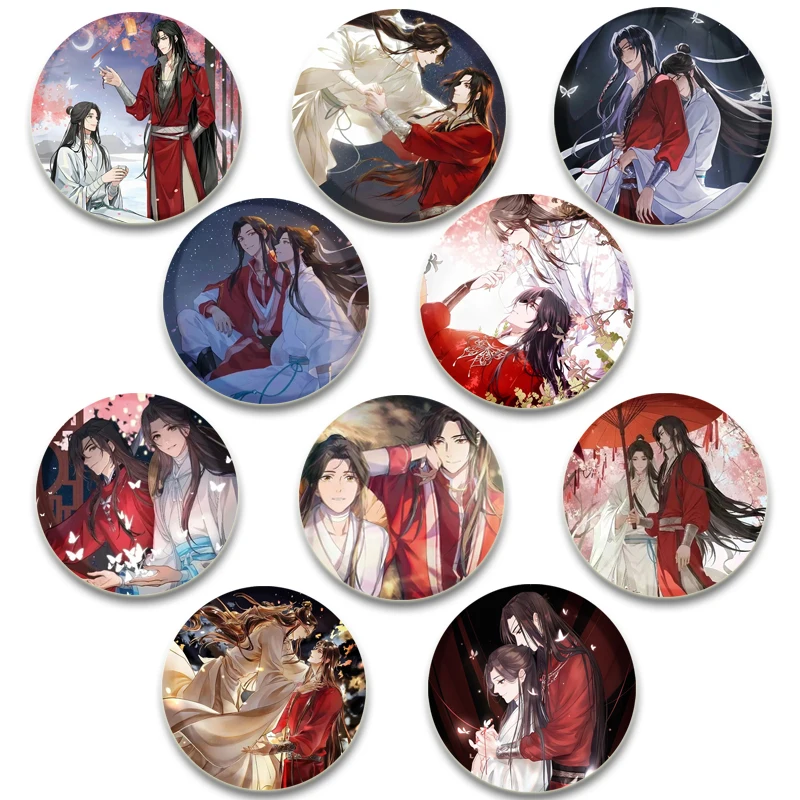 BL Anime Tian Guan Ci Fu Cartoon Enamel Pin Xie Lian and Hua Cheng Round Display Brooches Lapel Pins Fans Collect Friends Gift