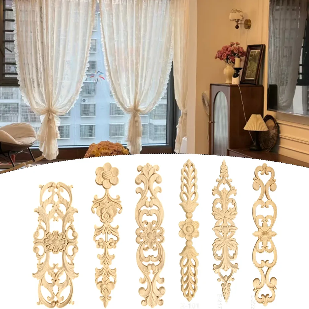 1Pcs Wood Applique Floral Wooden Carved Cupboard Cabinet Decal Appliques Frame Wall Door Furniture Woodcarving Home for décor