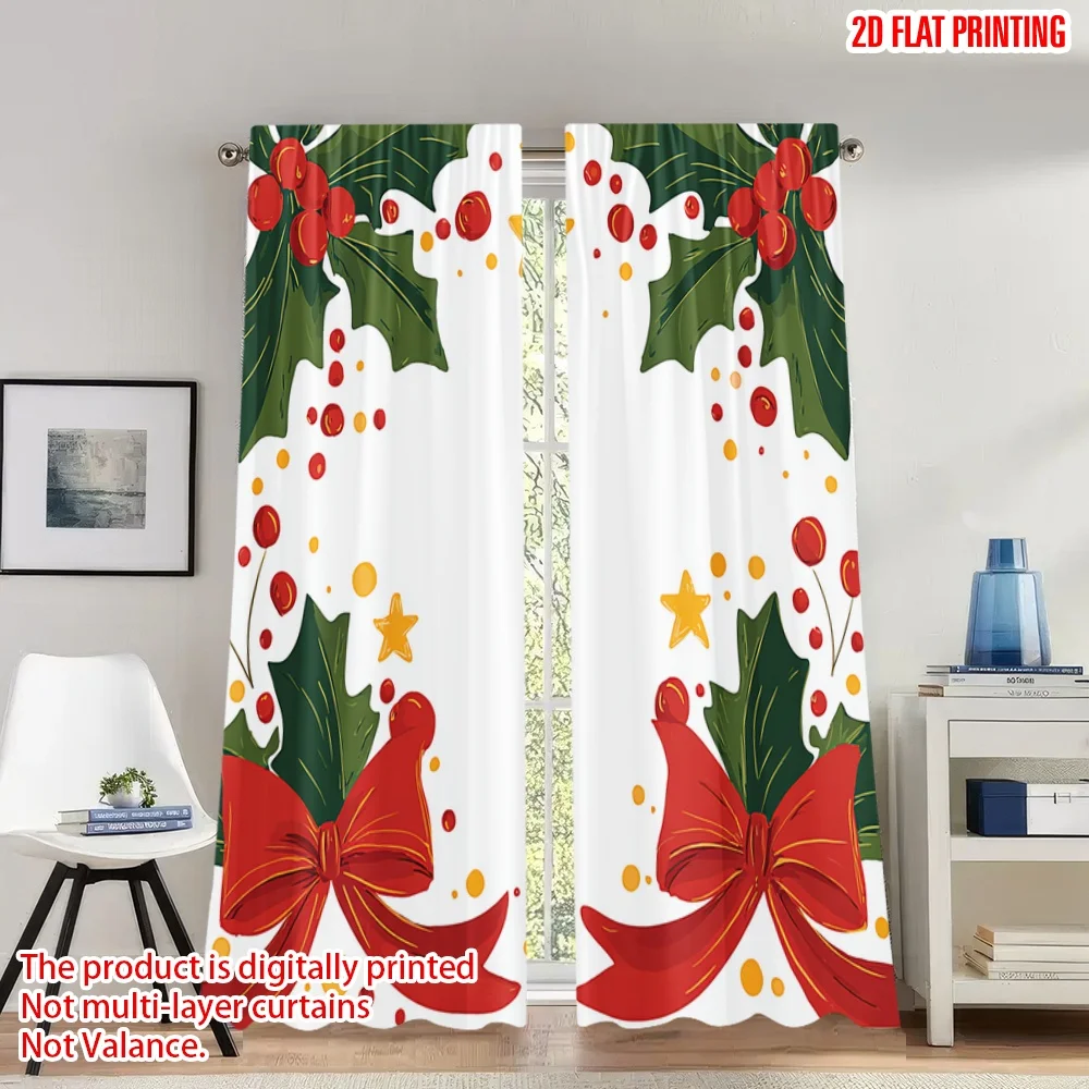 

2pcs 2D flat printing Merry Christmas Curtains Christmas Holly Berry Bows Digital Printed Polyester Drapes Festive Holiday for