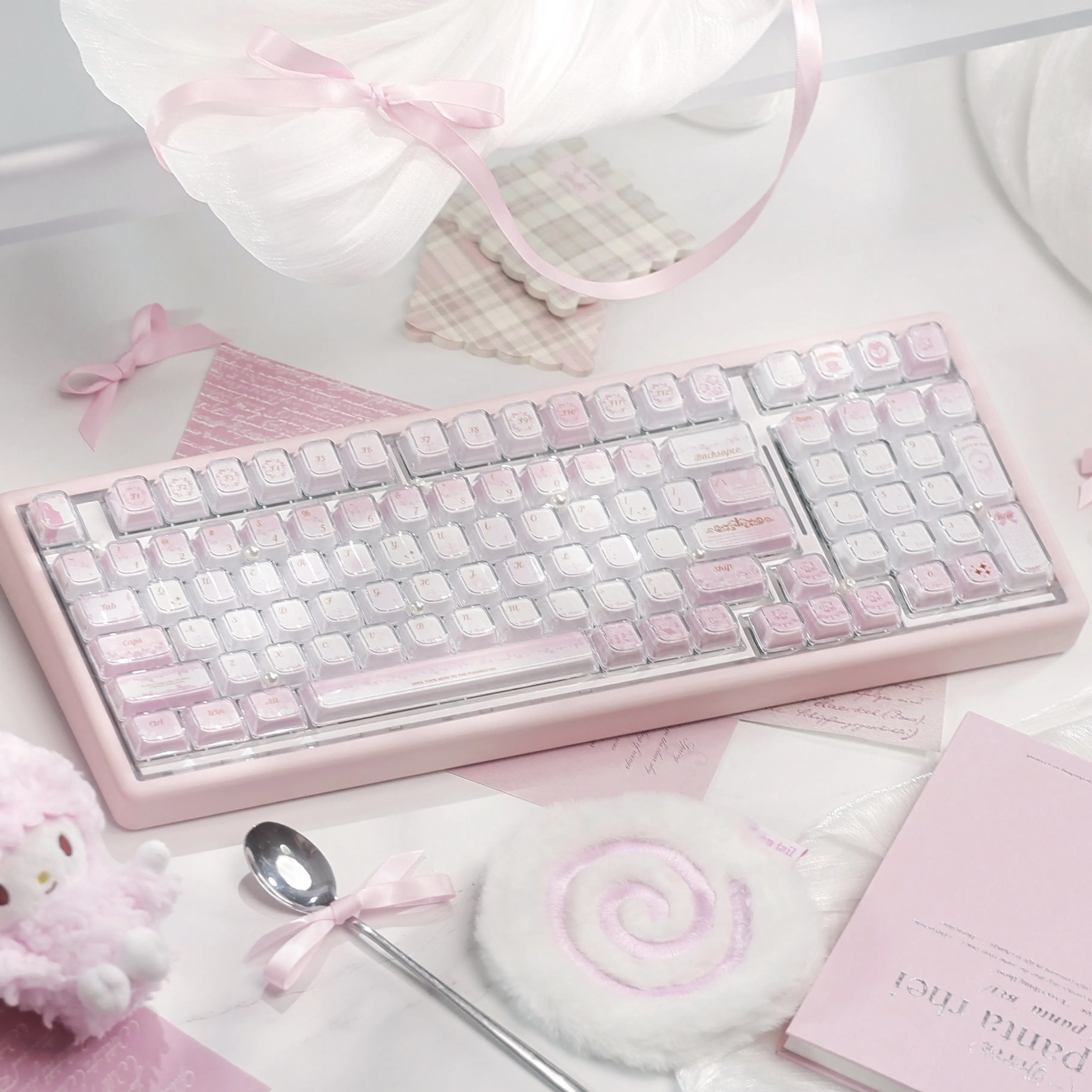123 Key Tea Party Jelly Keycap Set PBT+PC Double Layer Pudding KDA Profile Custom Pink Key Cap for MX Switch Mechanical Keyboard