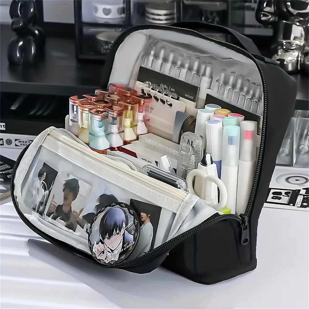 Handle Extra Large Capacity Pencil Case Multi-Compartment Portable Des Pen Bag Solid Color High Aesthetic Storage Bag Cosmetics