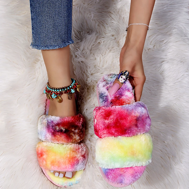 New Winter Women Leopard Pattern Plush Slippers Open Toe Soft Sole House Shoes Woman Indoor Comfort Warm Faux Fur Home Slippers view 5