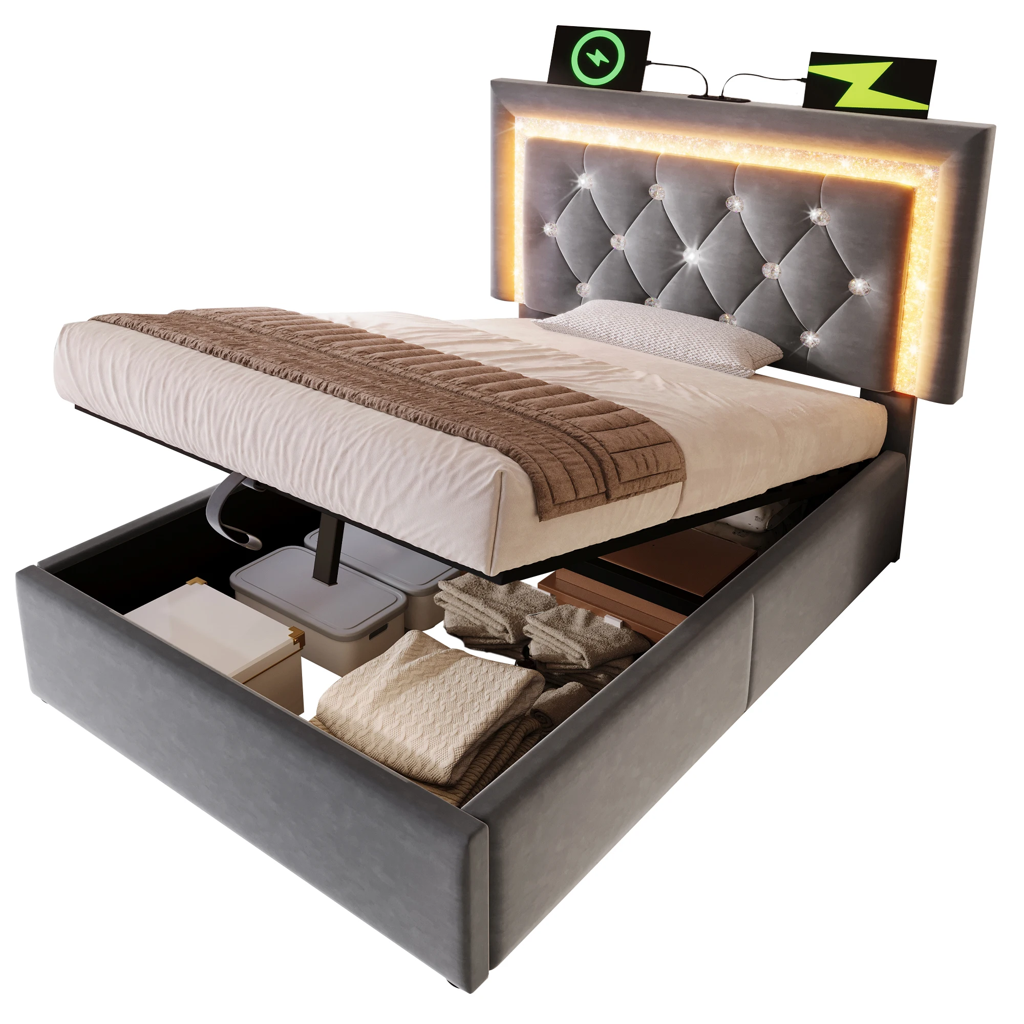 Bekleding bed 90x200 jeugdbed eenpersoonsbed led USB bedbox lattenbodem Grijs (zonder matras) - afbeelding 2