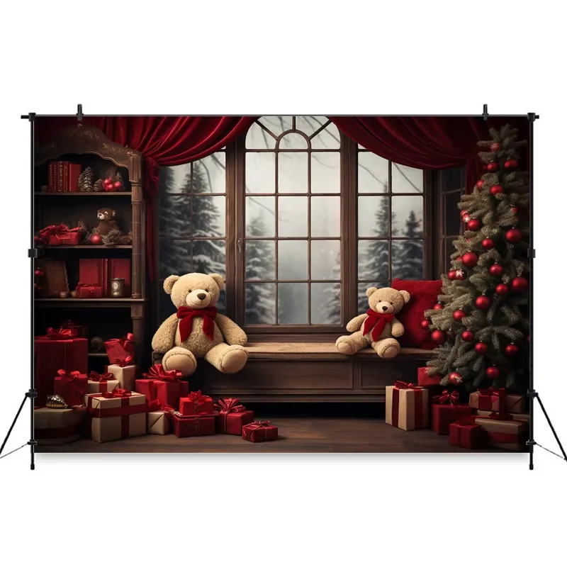 Merry Christmas ภาพพื้นหลังสําหรับเด็กในร่มหน้าต่างบ้าน Xmas Tree หมีของขวัญการถ่ายภาพฉากหลังสตูดิโอ Photozone