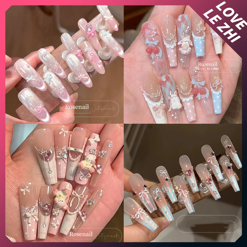 

Beautiful Gentle Cute Bear Rabbit Handmade Long Coffin Stilettos Press On Nails Bowknot Diamond Pearl Flower Cat Eyes False Nail