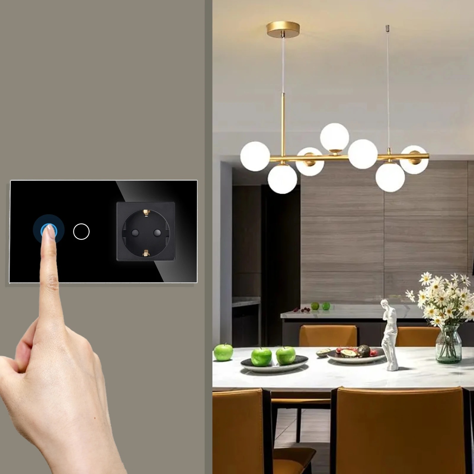 Normal Socket With WiFi Light Switch, Work With Alexa Google Home, Glass Touch Screen,2x1Way, 16A Socket, Neutral Line Required