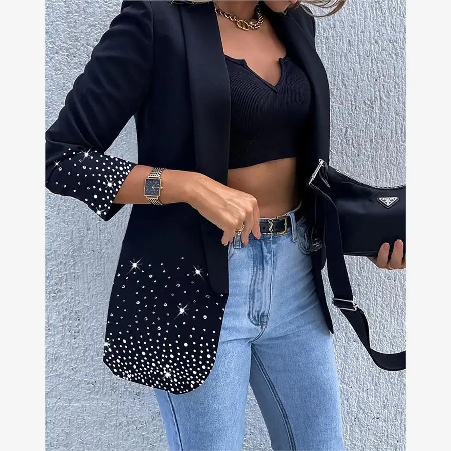 

Street Sle Slim Fit Rhinestone Decor awl Collar Long Sve Women's Faionable Busin Suit Waist-Cinching