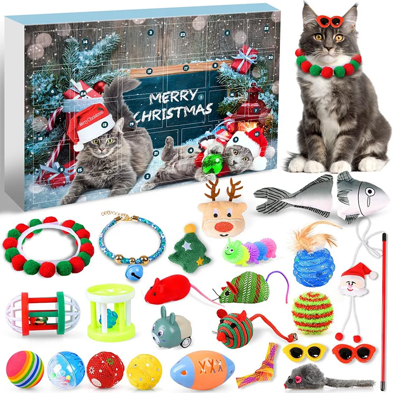 

Cat Advent Calendar 2024, 24Pcs Interactive Cat Toys for Indoor Cats - Christmas Cat Collars Cat Bow Tie Feather Toys for Cats