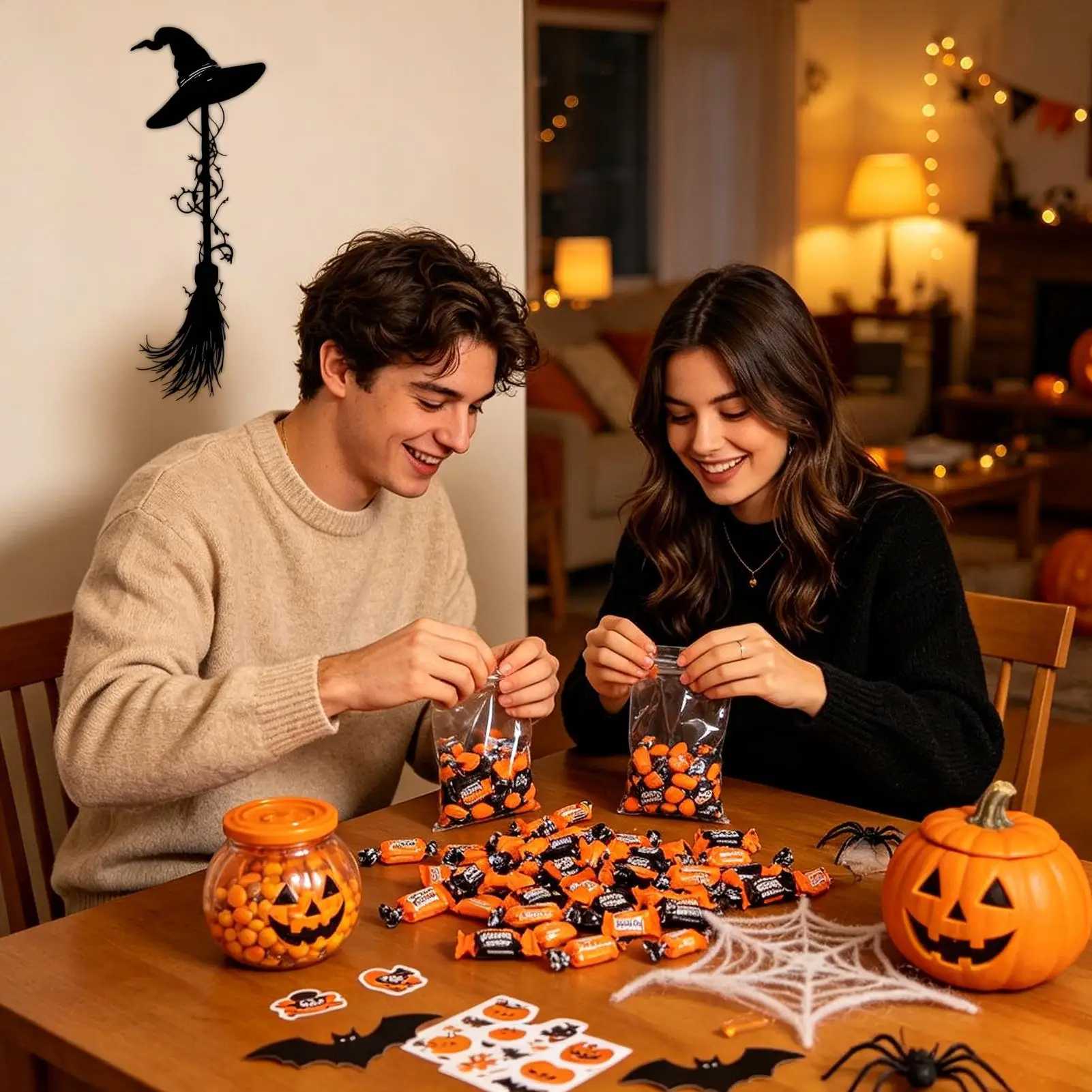 Halloween Broom Decoration 11.8 Inch Gothic Hangable Holiday Ornament Wall Sculpture Decor Witch Broom For Bedroom Bathroom Cafe