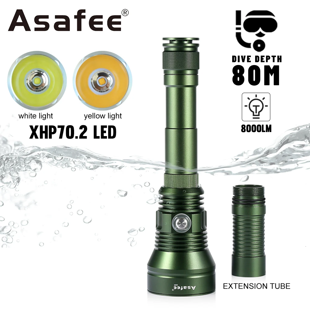 Asafee A33 Green 80M Underwater P70 8000LM Diving Flashlight 300M Range Torch White Light Lamp Waterproof Heat Scuba Lantern KC