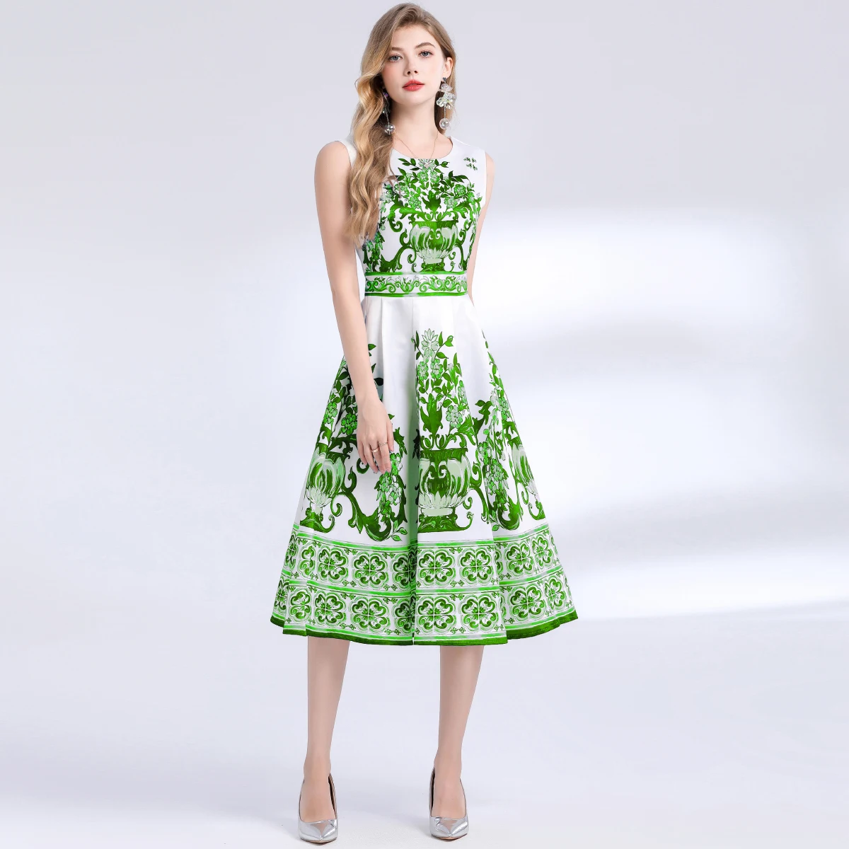 Summer Holiday Print Midi Dresses Women Beach Tank Long Vestidos French Cocktail Gowns Floral Robes Blue White Pocelain Vestidos