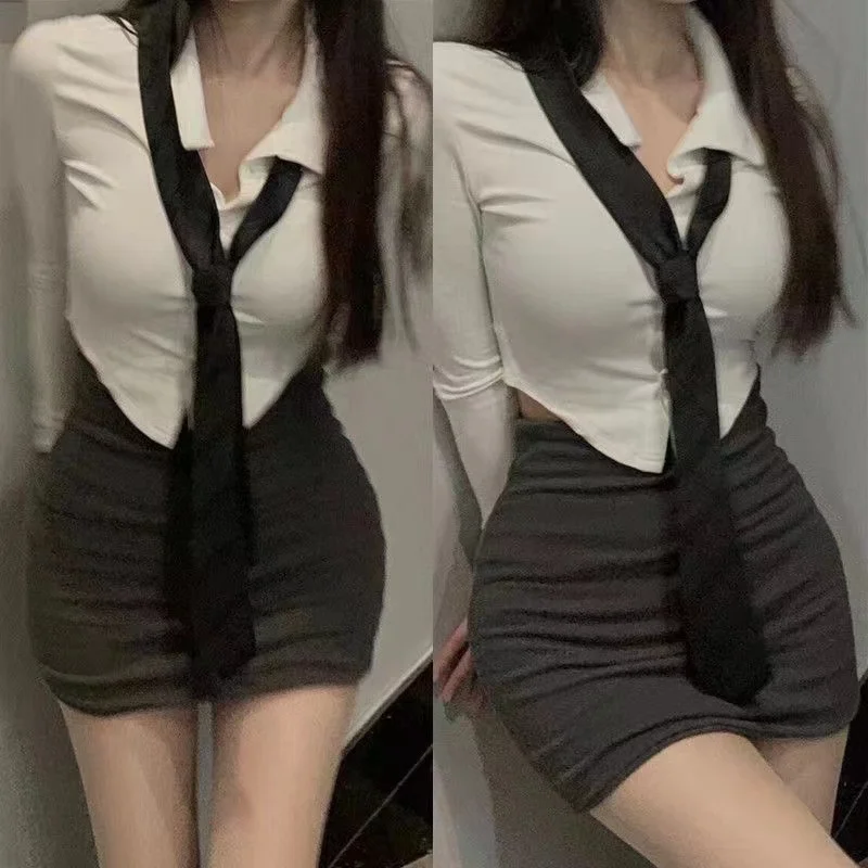 

Mature royal sister set Academy age-reducing Female Polo collar short-sleeved short T-shirt women slim skirt