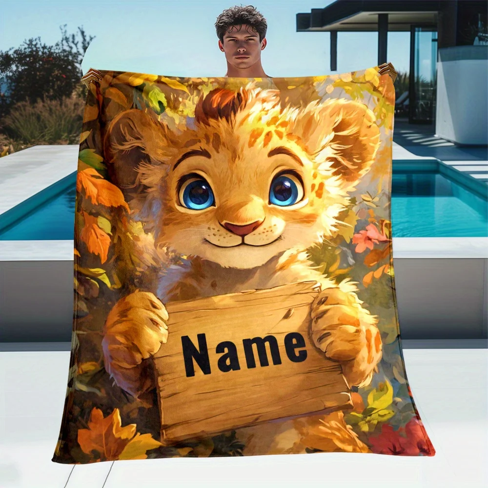 Custom Cartoon Lion Fleece Blanket Personalized Name Cute Animal Print Throw Soft Warm All Season Bedding Gift for Kids