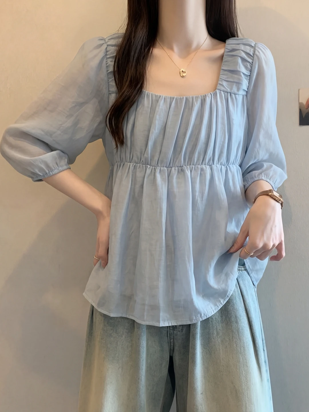 

Blue Short Sleeve Square Collar Doll Shirt Women's Summer plus Size Slimming Beautiful Korean Style Bubble Sleeve Blouse