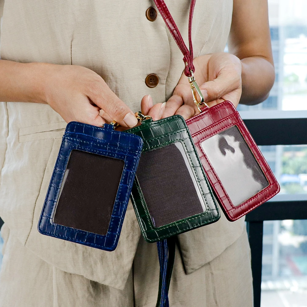 Aangepaste naam krokodil PU lederen lanyard kaarthouder, multifunctionele nek ID-kaarthouder, creditcardhouder, werkkaart