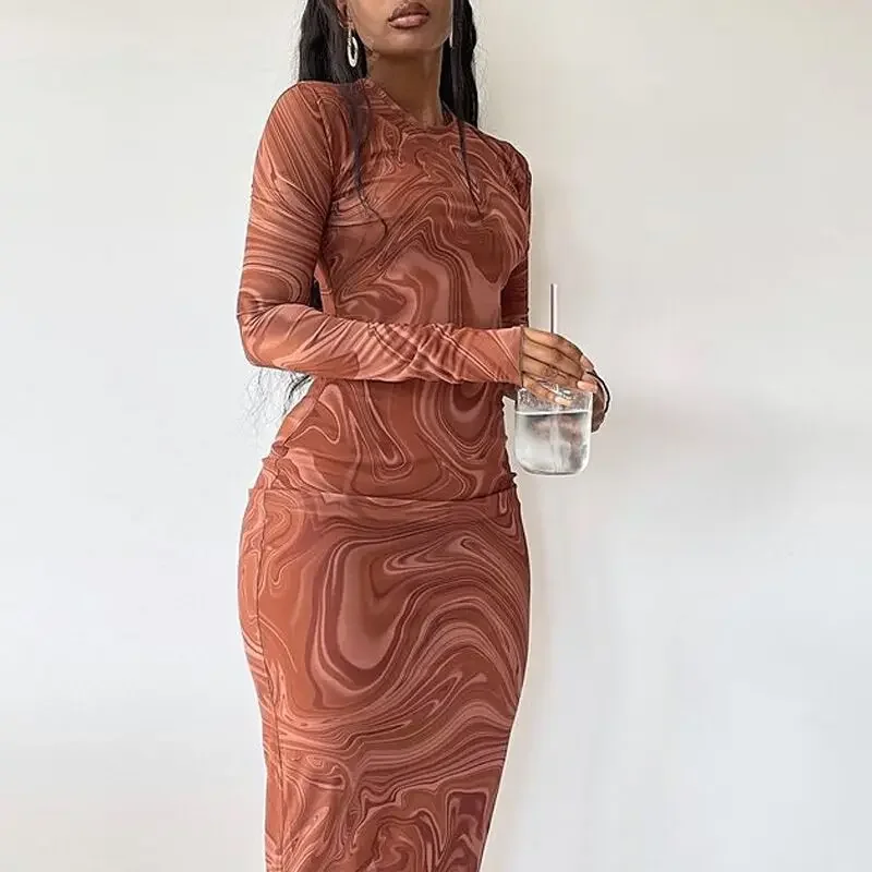 Sukienki bandażowe z długim rękawem Sukienki wieczorowe dla kobiet O-neck Mid Calf Sexy Vestidoes De Mujer Stroje jednoczęściowe Streetwear 759