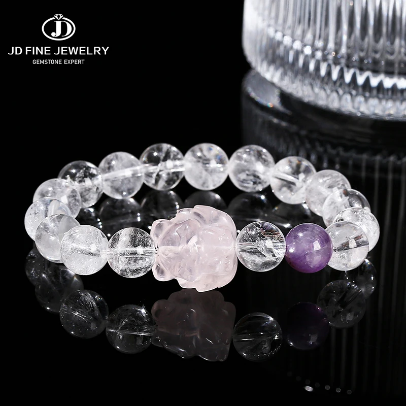 JD Natural Stone Rock Quartz Bead Bracelets Women Sweet Pink Quartz Carved Nine-Tail Fox Reiki Healing Crystal Bracelet Jewelry