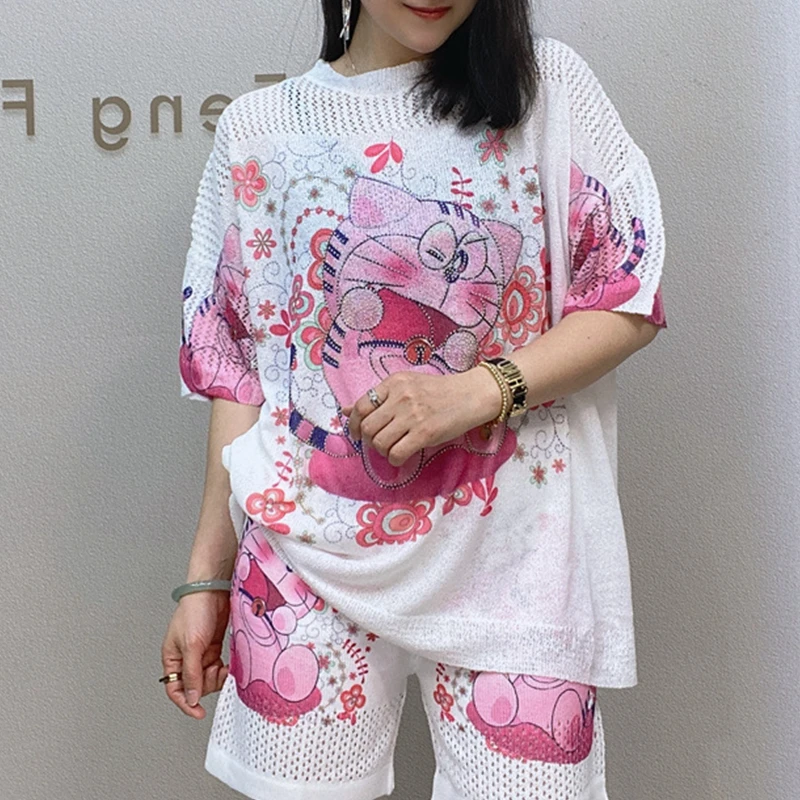 

2-Piece Suit for Women, Cartoon Print Sweater, Short-Sleeved Shorts, Summer