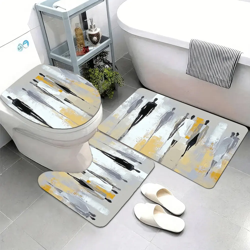 

Набор из 3 ультрамягких ковриков для ванной комнаты с нескользящей основой, с абстрактным дизайном в виде силуэтов, приближающихся к камере.