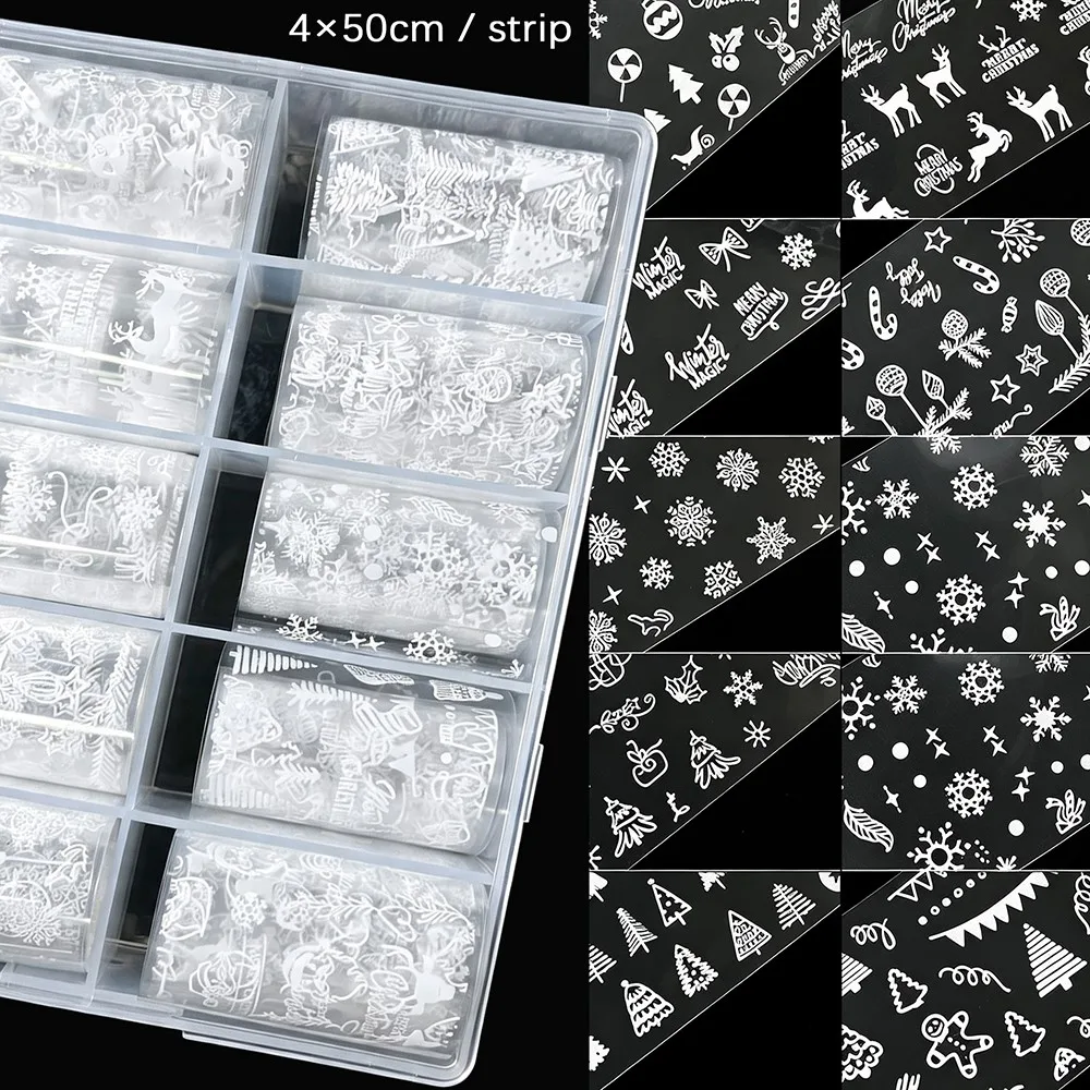 10rolls White Snowflakes Nail Transfer Stickers 3D Cute Christmas Tree Snowman Elk Nail Decals Christmas Foil Transfer Stickers