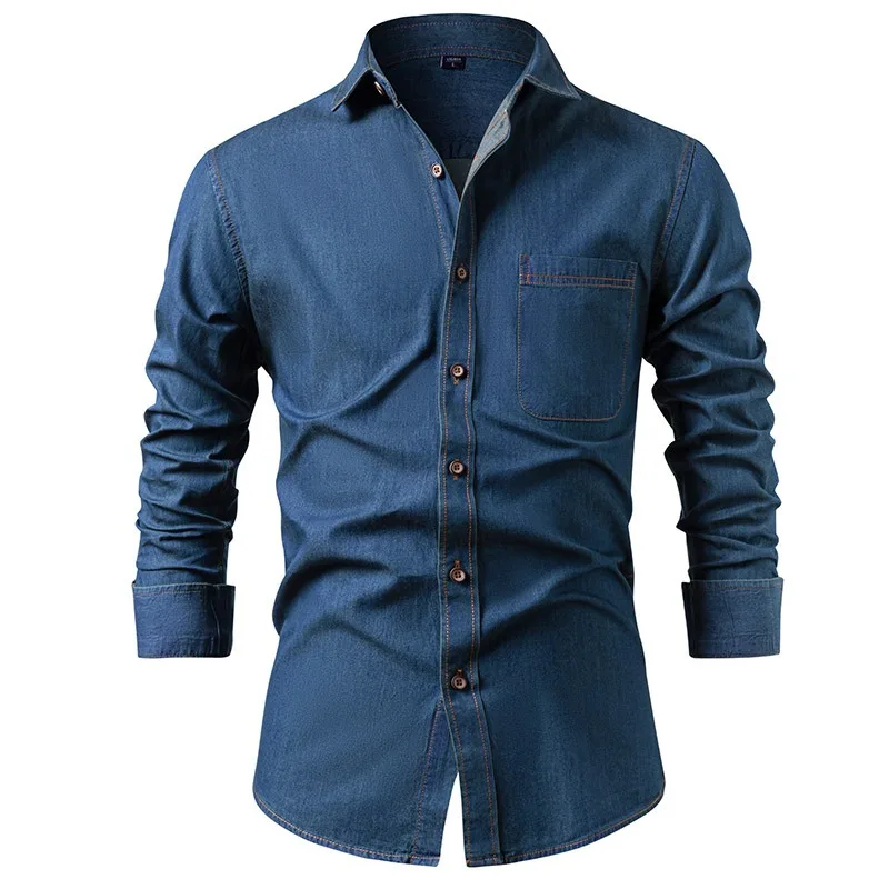American Style Denim Shirts Men's Pure Cotton Non Iron Solid Color Long Sleeve Casual Jacket with Breast Pocket Autumn Clothing