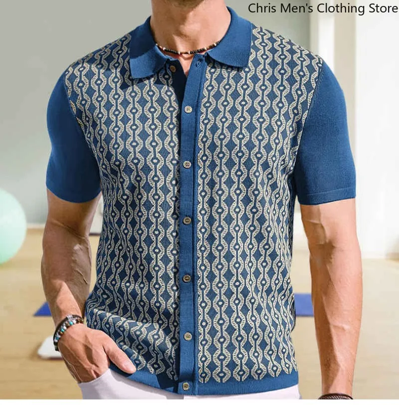 

Business Casual Lapel Jacquard Cardigan Polo Shirts, High-quality Short-sleeved Knitted Shirts for Men in Summer, Men Clothing