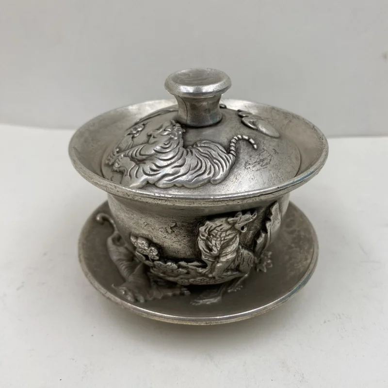 Plata tibetana antigua de plata de ley Miao, Baifu taza de té de longevidad, adorno de plata pura