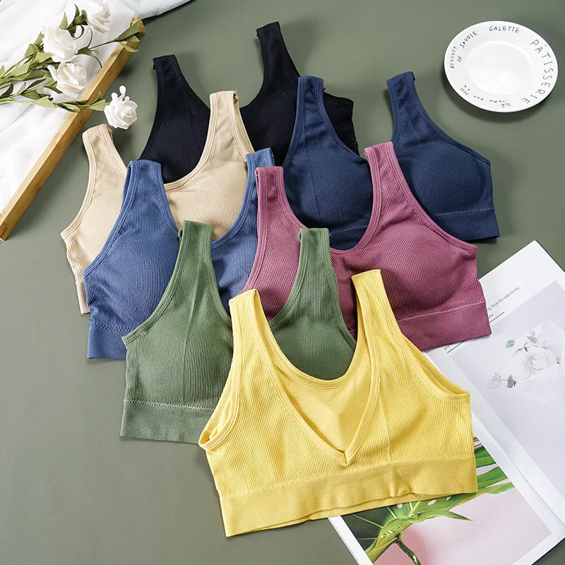 Seamless Thread Sports Vest Underwear Solid Color Breathable Underwired Push up Sling Backless Crop-Top Bandeau Women